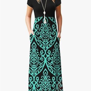 Chic Black and Teal Patterned Maxi Dress with pockets